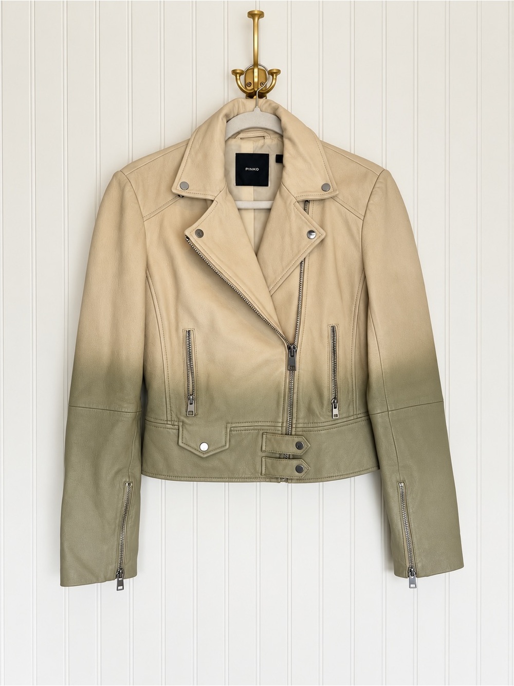 PINKO Sensibile 13 Chiodo Beige Sheepskin Leather Moto Biker Jacket US 4 IT 40
